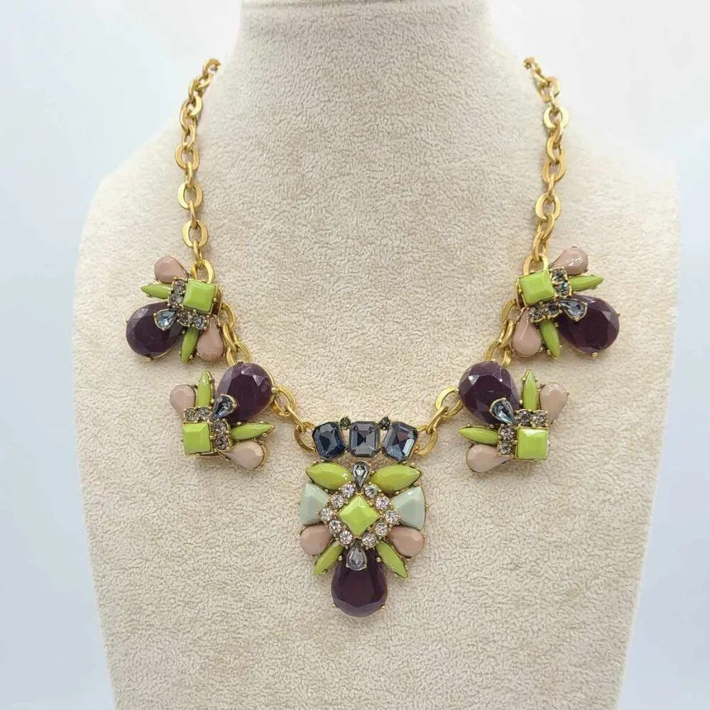 J Crew Chunky Green Brown Gray Crystal Statement Necklace
